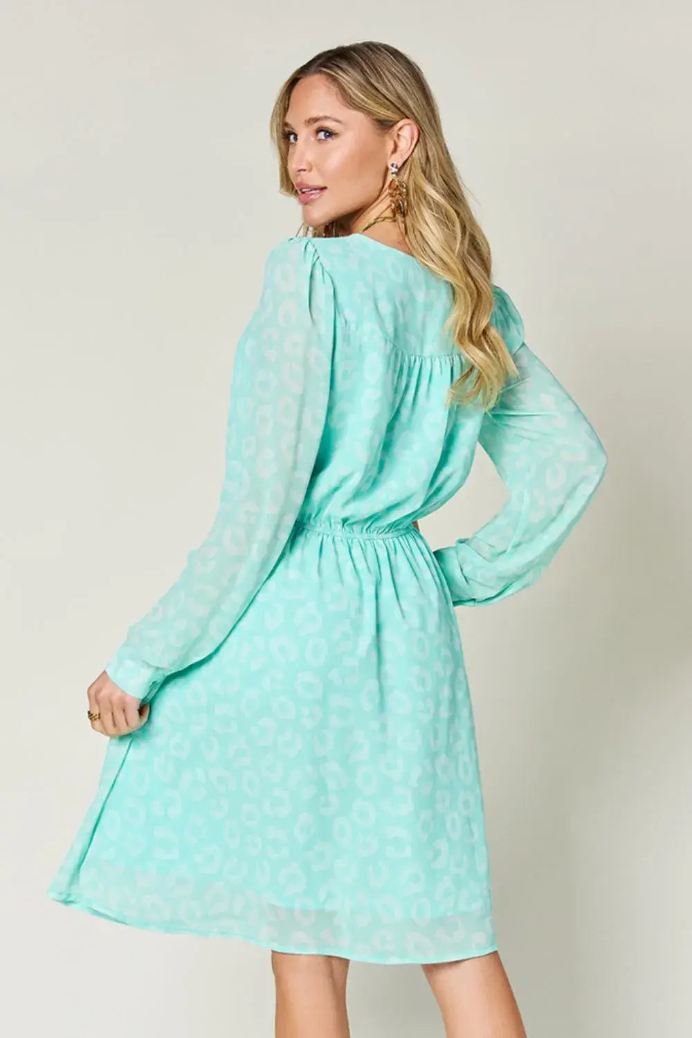 Double Take Full Size Printed Ruched V-Neck Long Sleeve Dress - Trendsi - Flyclothing LLC