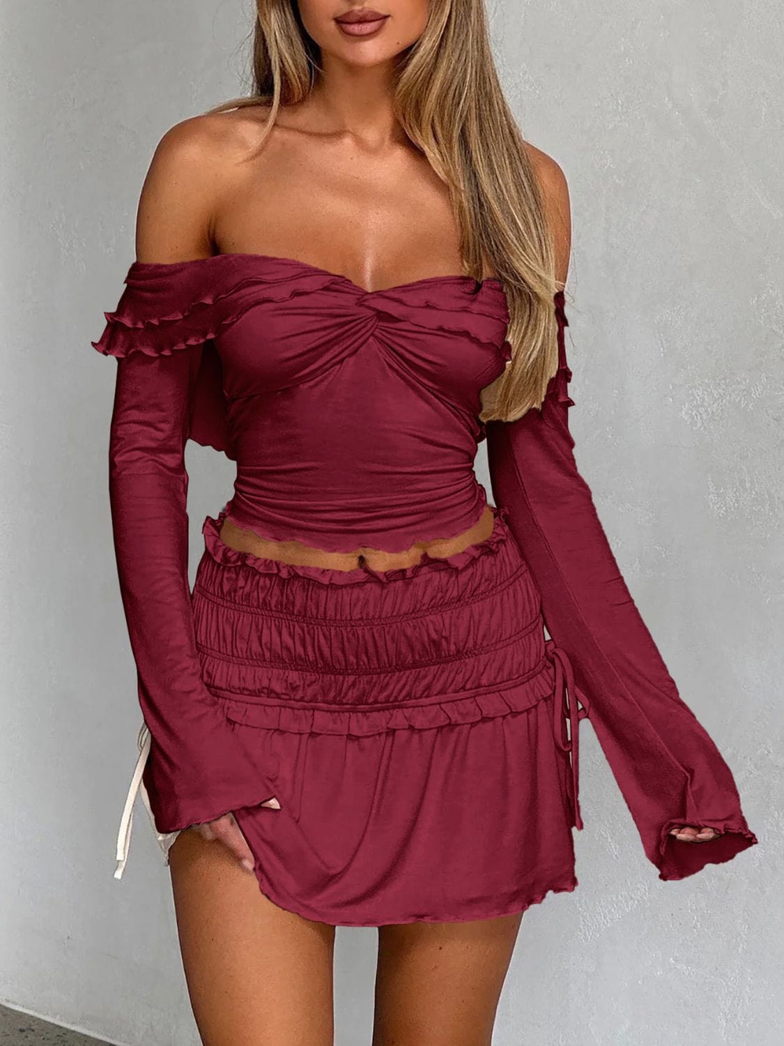 Devine Twisted Ruffled Off-Shoulder Long Sleeve T-Shirt - Trendsi