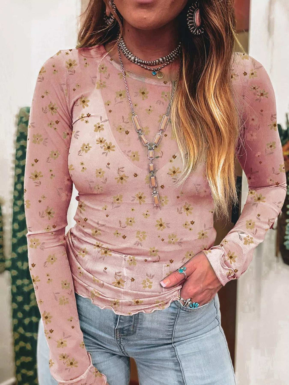 Floral Print Long Sleeve Mesh Blouse - Trendsi - Flyclothing LLC