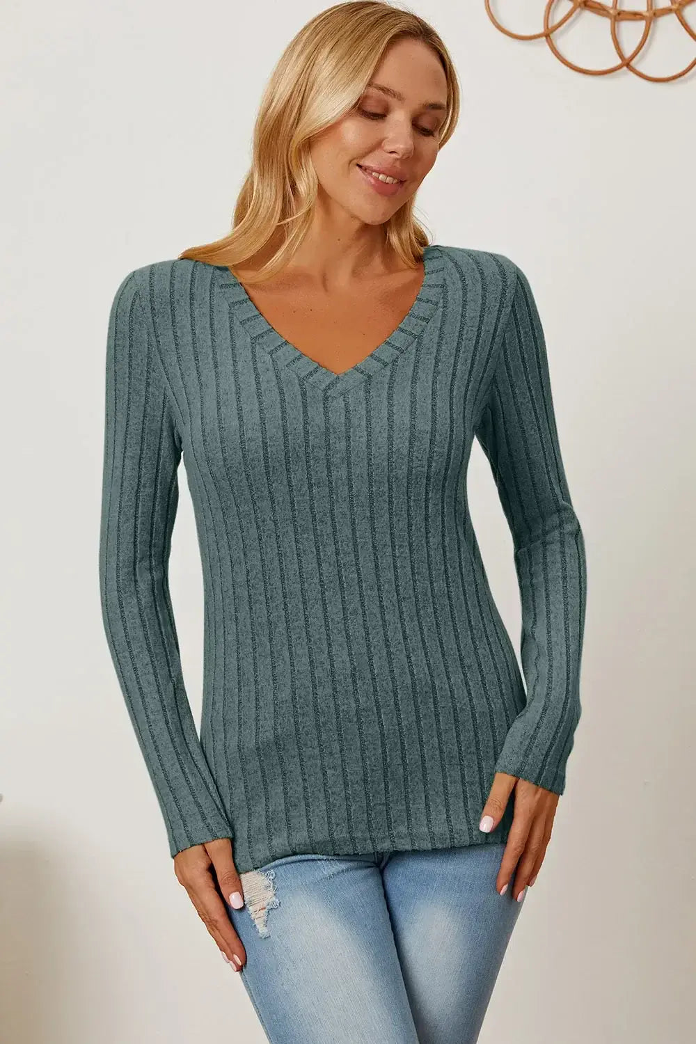 Basic Bae Full Size Ribbed V-Neck Long Sleeve T-Shirt - ShopBasicbae - Flyclothing LLC