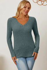 Basic Bae Full Size Ribbed V-Neck Long Sleeve T-Shirt - ShopBasicbae - Flyclothing LLC