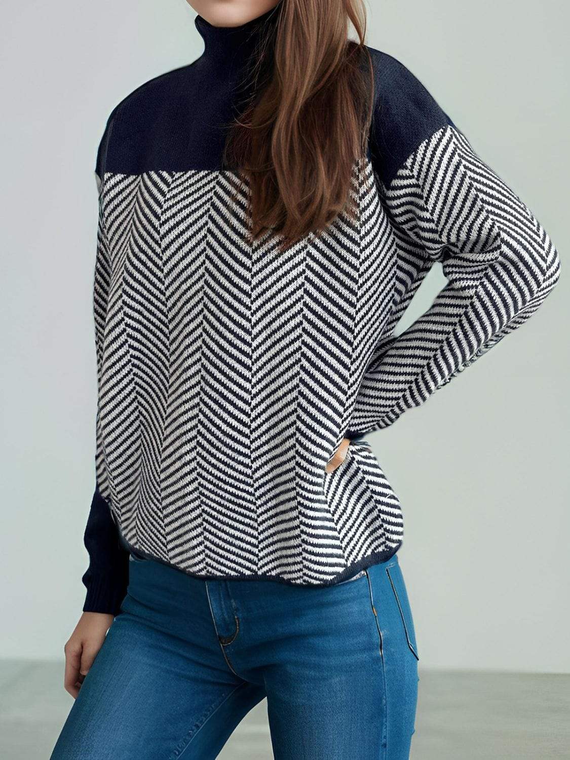 Contrast Turtleneck Long Sleeve Sweater - Trendsi - Flyclothing LLC