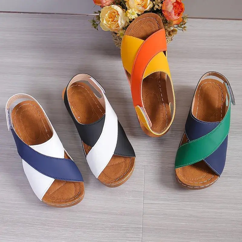 Crisscross Contrast Open Toe Wedge Sandals - Trendsi - Flyclothing LLC
