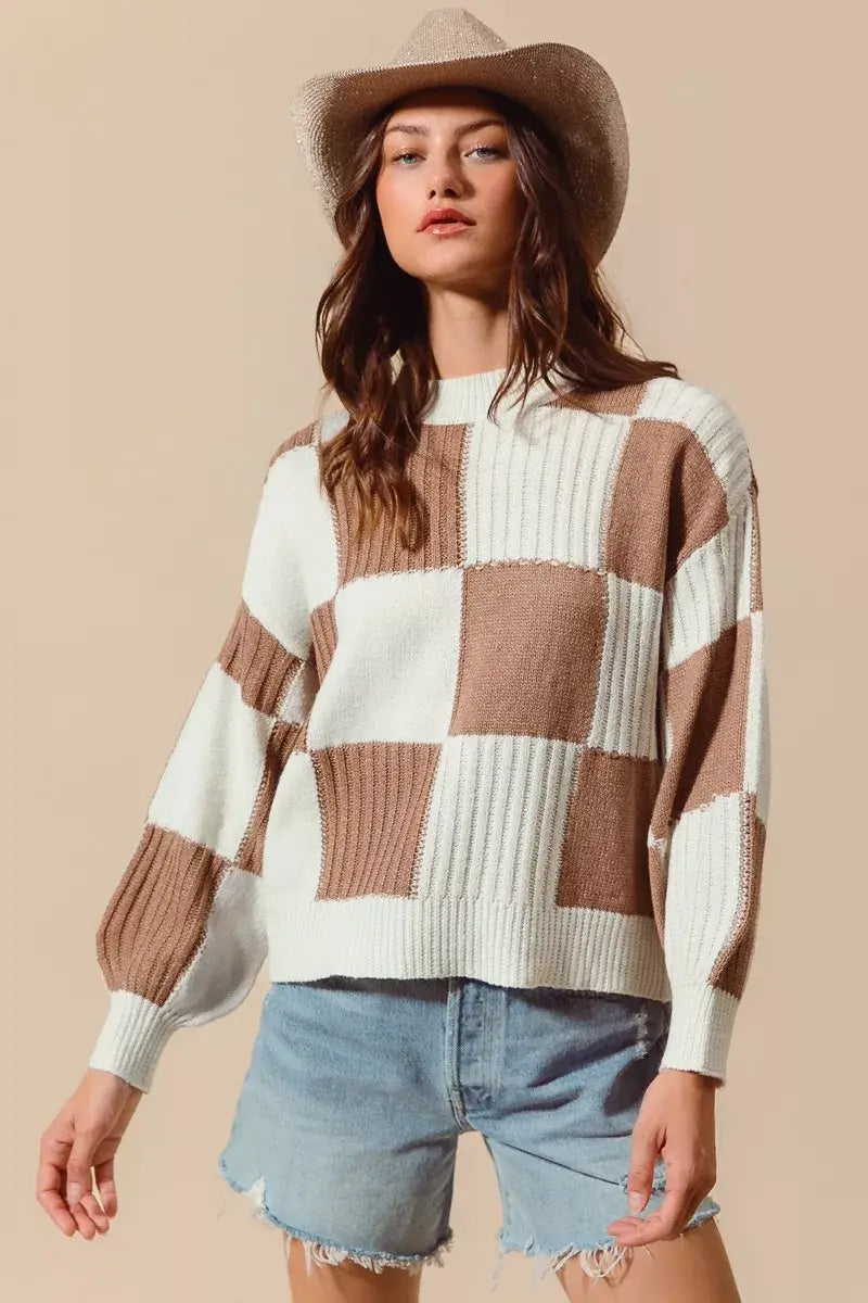 SO ME Ribbed Color Block Checkered Plaid Sweater - Trendsi - Flyclothing LLC