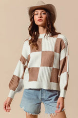 SO ME Ribbed Color Block Checkered Plaid Sweater - Trendsi - Flyclothing LLC