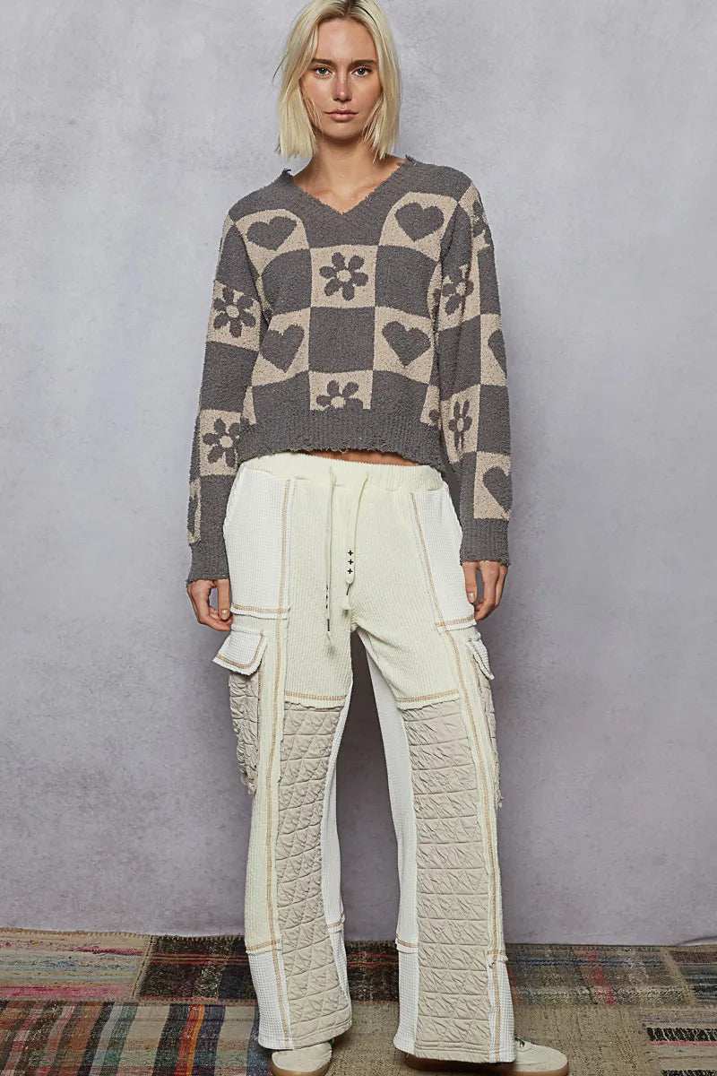 POL V-Neck Heart Pattern Checkered Sweater - Trendsi - Flyclothing LLC