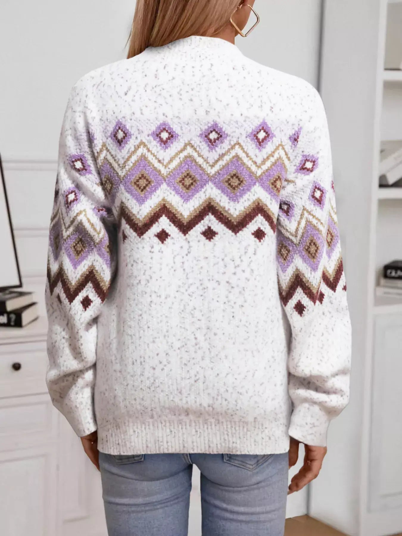 Geometric Pattern Mock Neck Sweater - Trendsi - Flyclothing LLC
