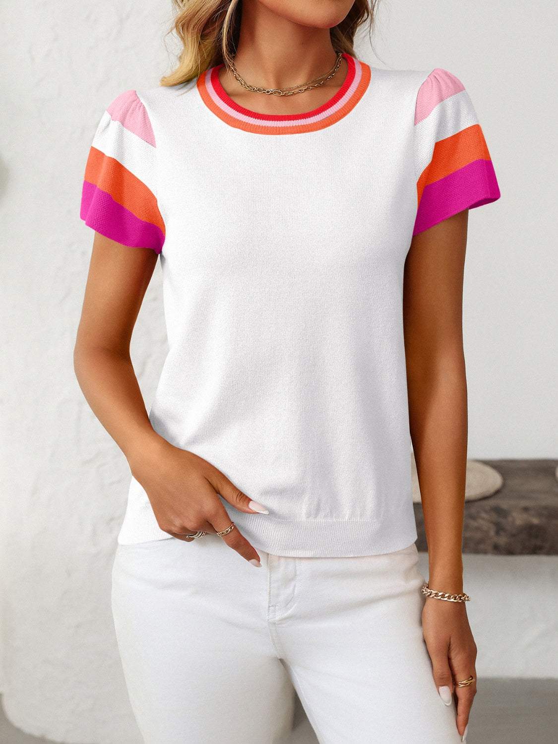 Mandy Contrast Round Neck Short Sleeve Knit Top - Trendsi - Flyclothing LLC