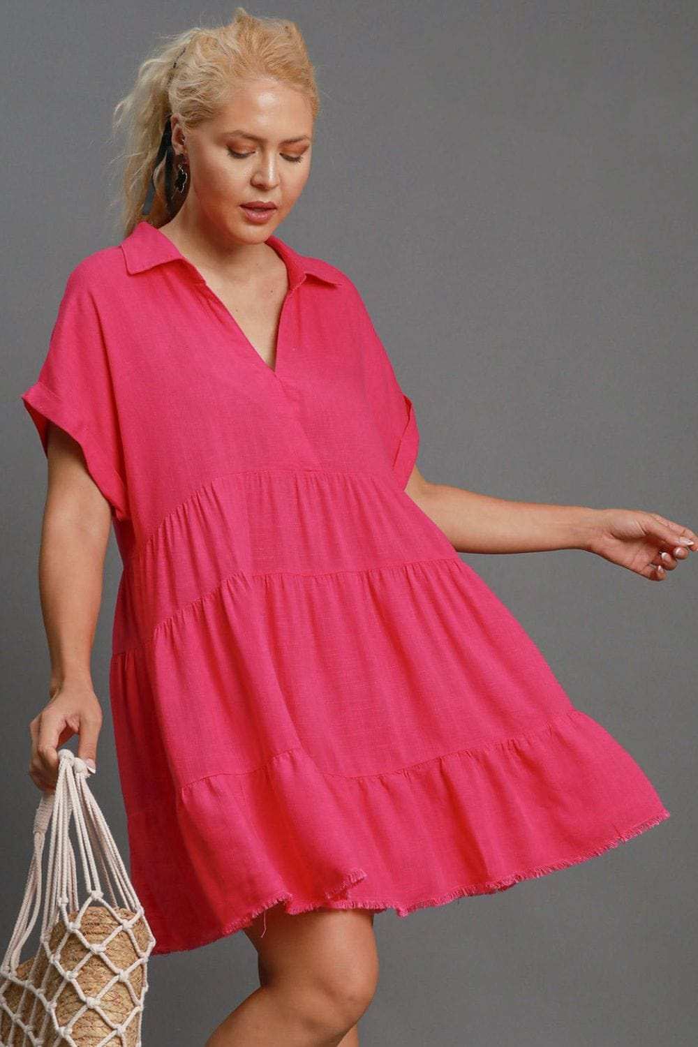 Umgee Full Size Raw Hem Folded Sleeve Tiered Dress Plus Size - Trendsi - Flyclothing LLC