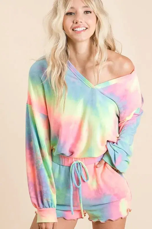 BiBi Tie Dye French Terry Top With Balloon Sleeves - Trendsi - Flyclothing LLC