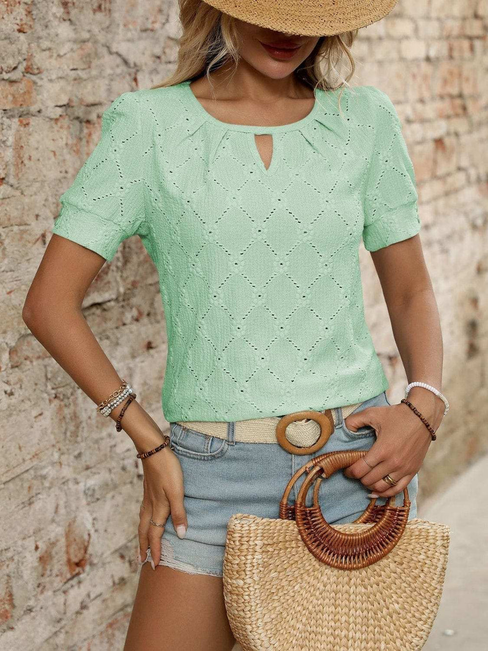 Eyelet Round Neck Short Sleeve Top - Trendsi - Flyclothing LLC