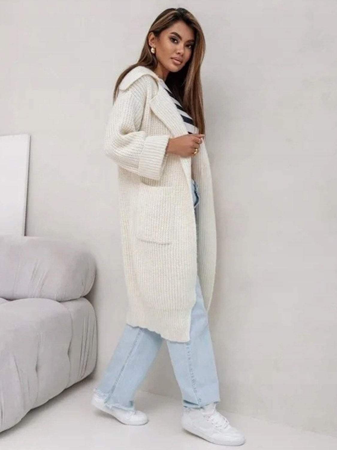 Pocketed Collared Neck Dropped Shoulder Cardigan - Trendsi - Flyclothing LLC