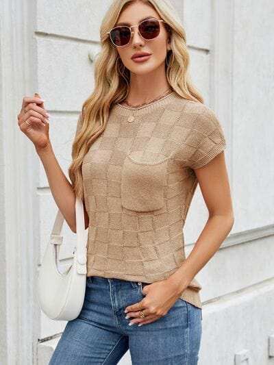 Round Neck Short Sleeve Knit Top - Trendsi - Flyclothing LLC