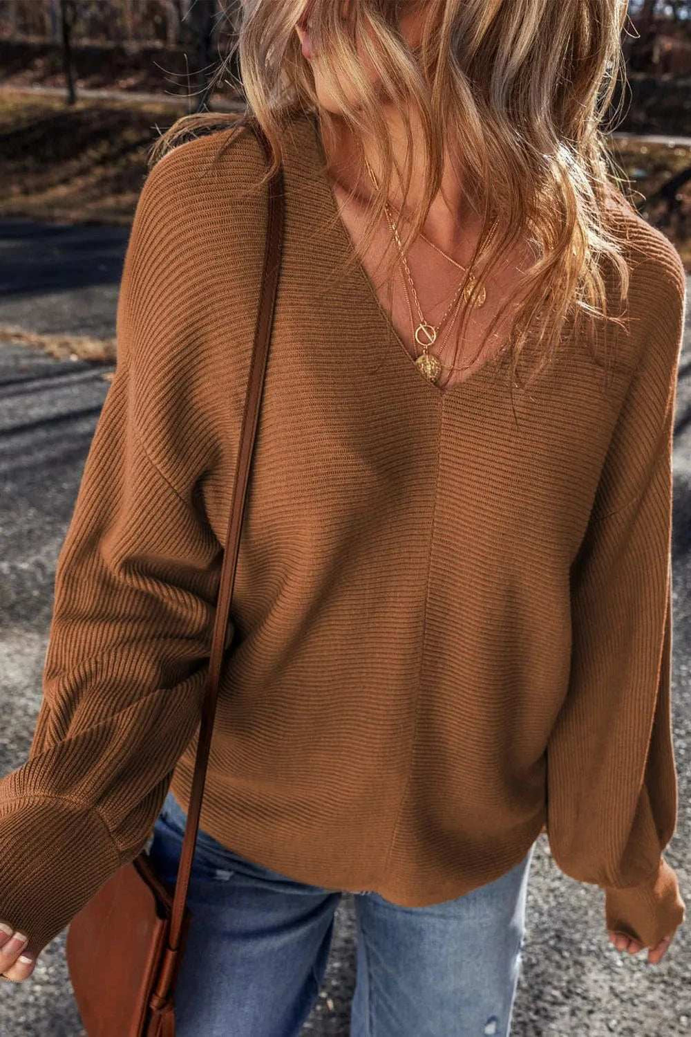 V-Neck Dropped Shoulder Long Sleeve Sweater - Trendsi - Flyclothing LLC