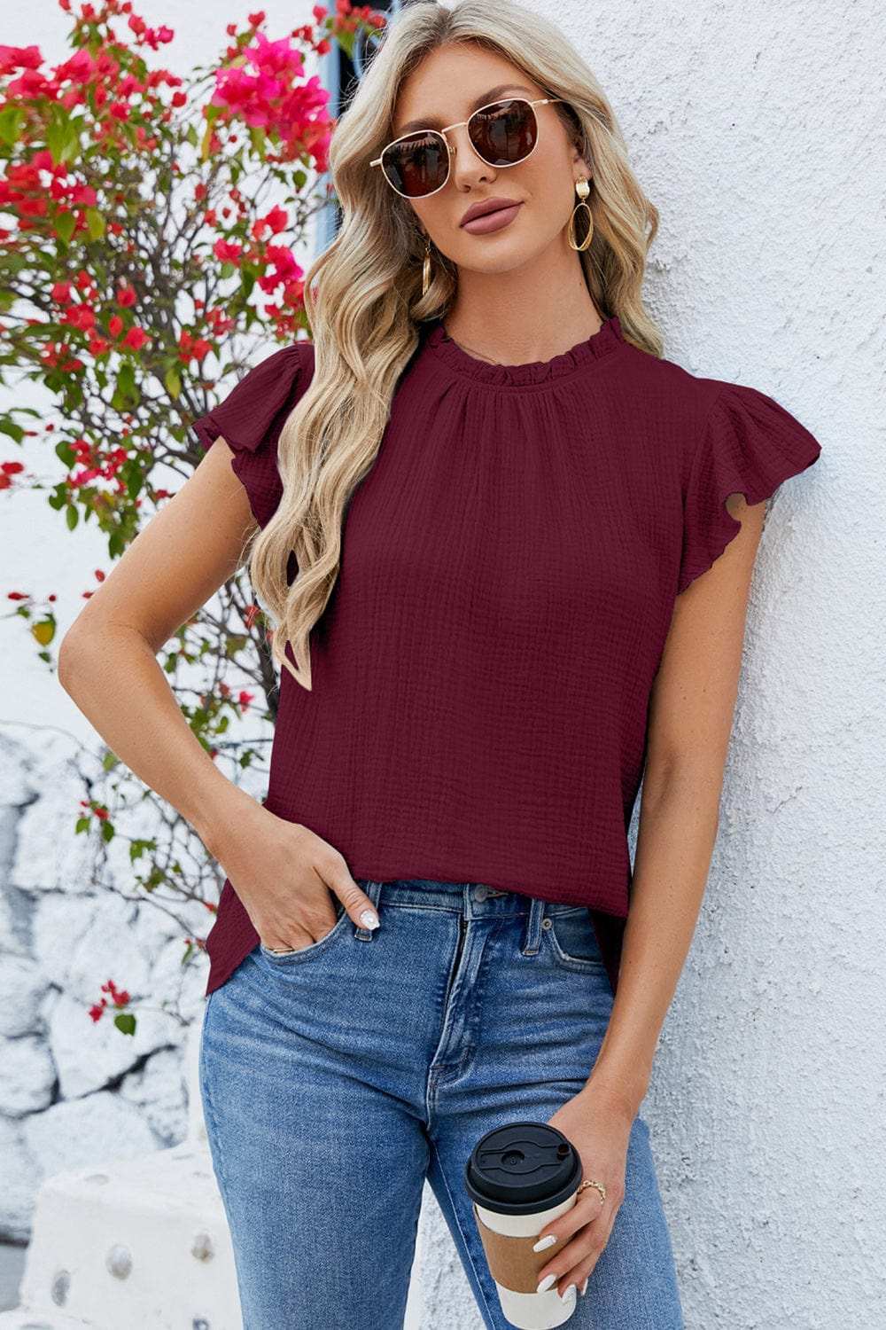 Ruffled Round Neck Cap Sleeve Blouse - Trendsi - Flyclothing LLC