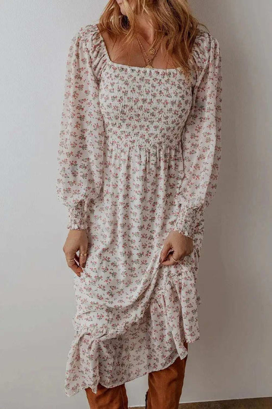 Smocked Floral Square Neck Long Sleeve Midi Dress - Trendsi - Flyclothing LLC
