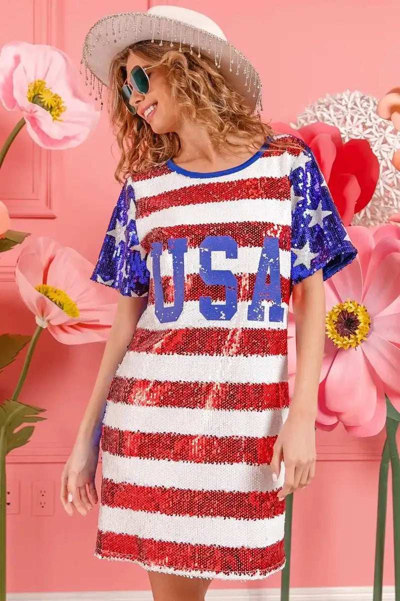 BiBi American Flag Theme Usa Print Sequin Dress - Trendsi - Flyclothing LLC