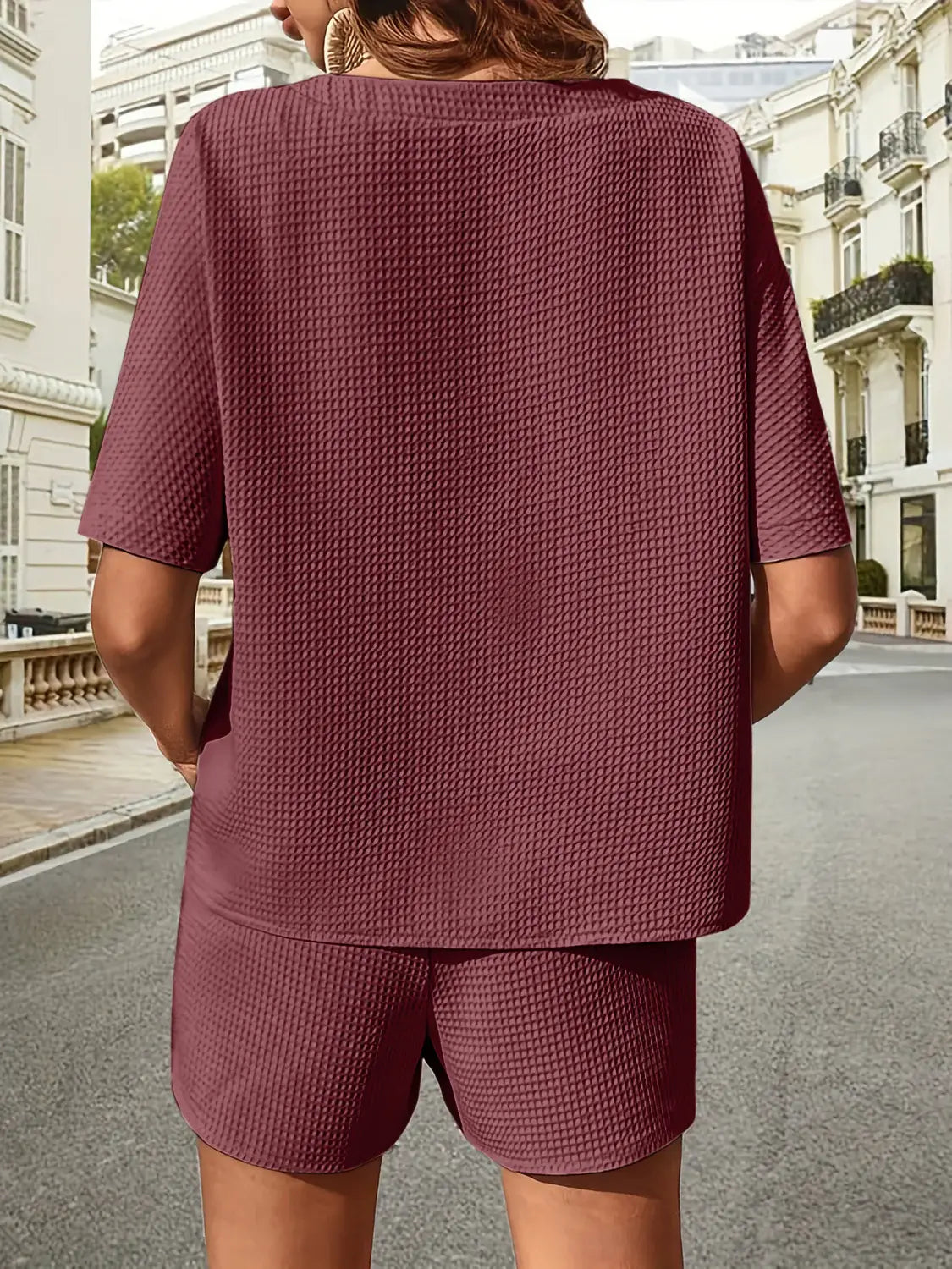 Waffle-Knit Half Sleeve Top and Shorts Set - Trendsi - Flyclothing LLC