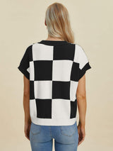Double Take Full Size Checkered Round Neck Short Sleeve Sweater - Trendsi - Flyclothing LLC