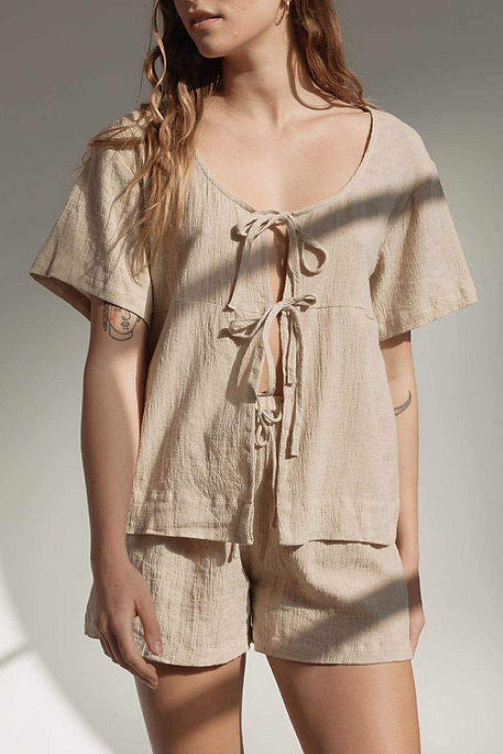 Plaid Tied Scoop Neck Short Sleeve Top and Drawstring Shorts Set - Trendsi - Flyclothing LLC