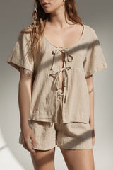 Plaid Tied Scoop Neck Short Sleeve Top and Drawstring Shorts Set - Trendsi