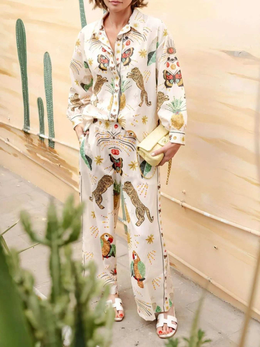 Printed Long Sleeve Shirt and Pants Set - Trendsi