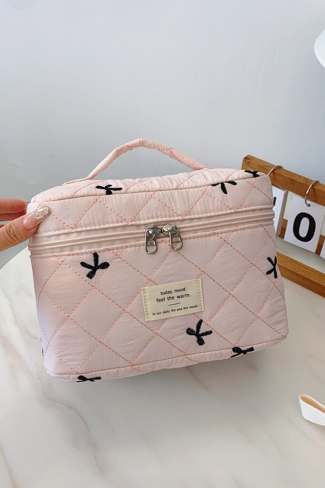 Bow Embroidered Quilted Storage Bag with Zip - Trendsi