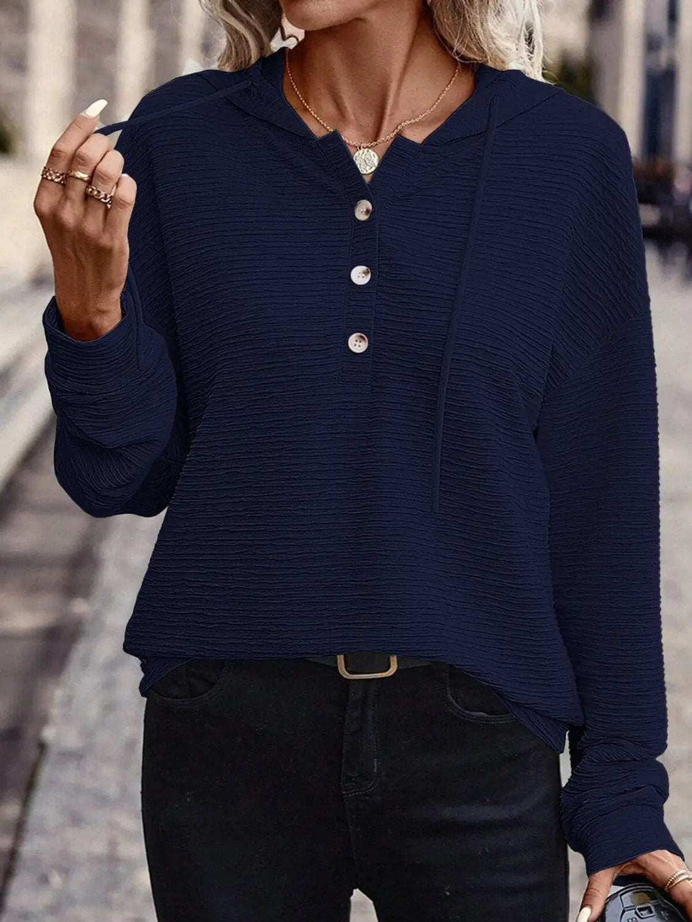 Drawstring Quarter Button Long Sleeve Hoodie - Trendsi - Flyclothing LLC