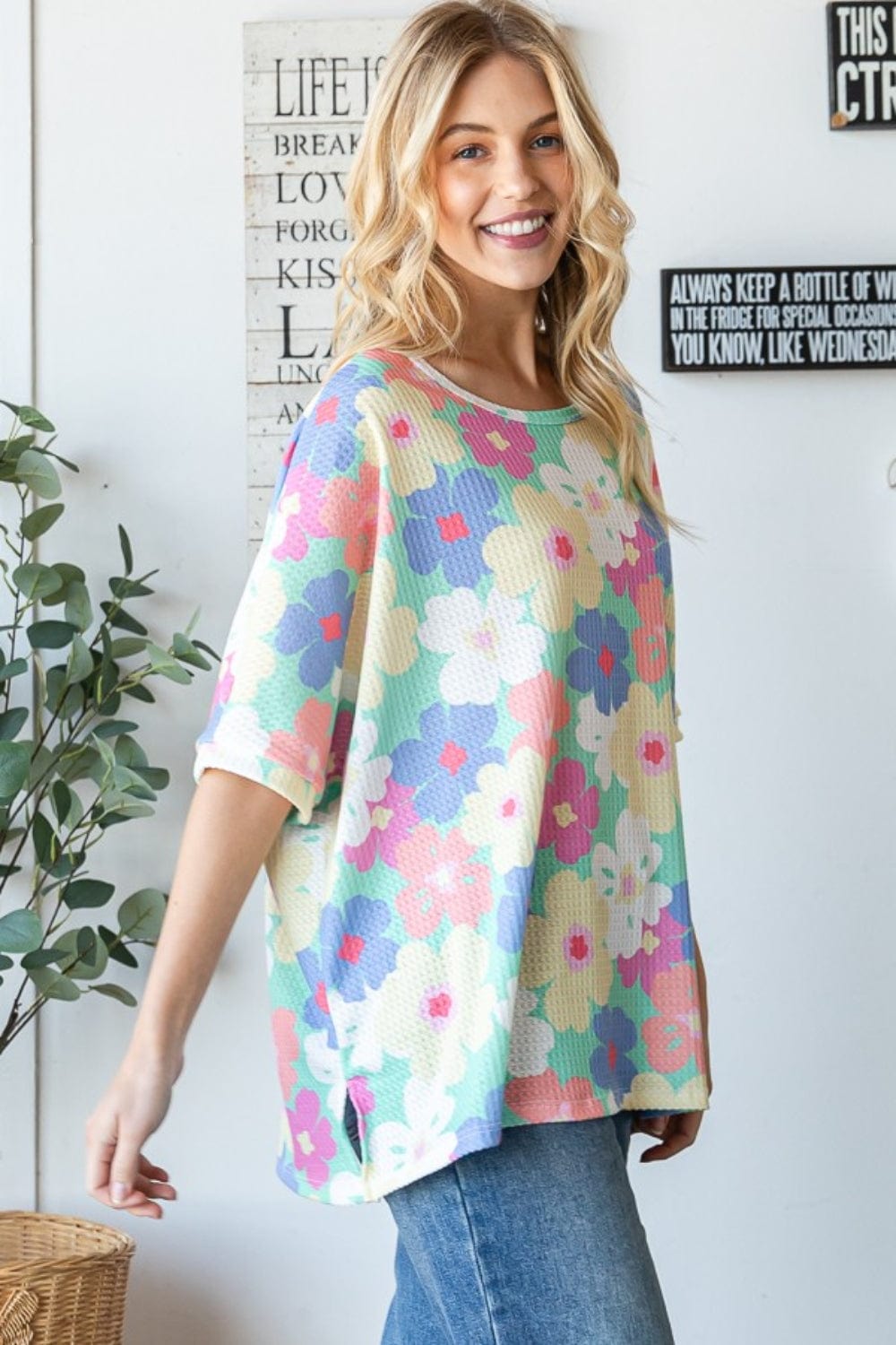 HOPELY Floral Waffle Oversized T-Shirt - Trendsi
