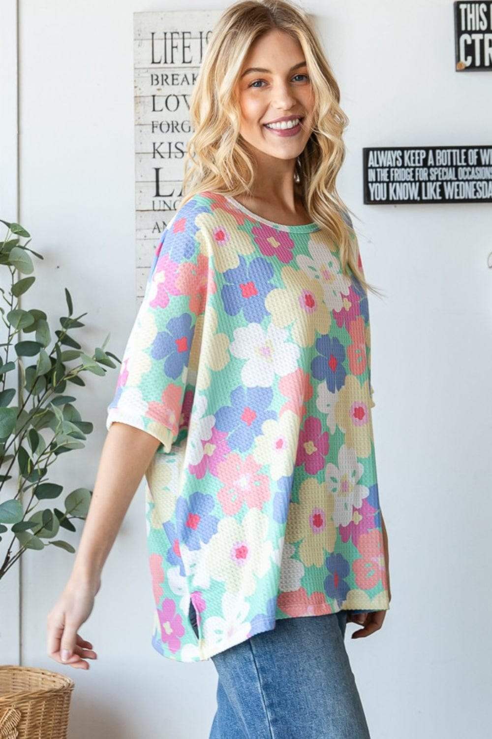 HOPELY Floral Waffle Oversized T-Shirt - Trendsi - Flyclothing LLC