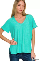 Zenana Slub Rolled Short Sleeve V-Neck Tee - Trendsi - Flyclothing LLC