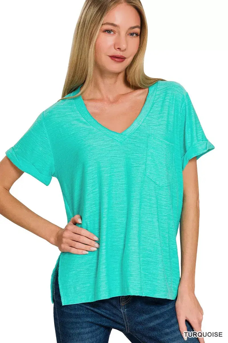 Zenana Slub Rolled Short Sleeve V-Neck Tee - Trendsi - Flyclothing LLC