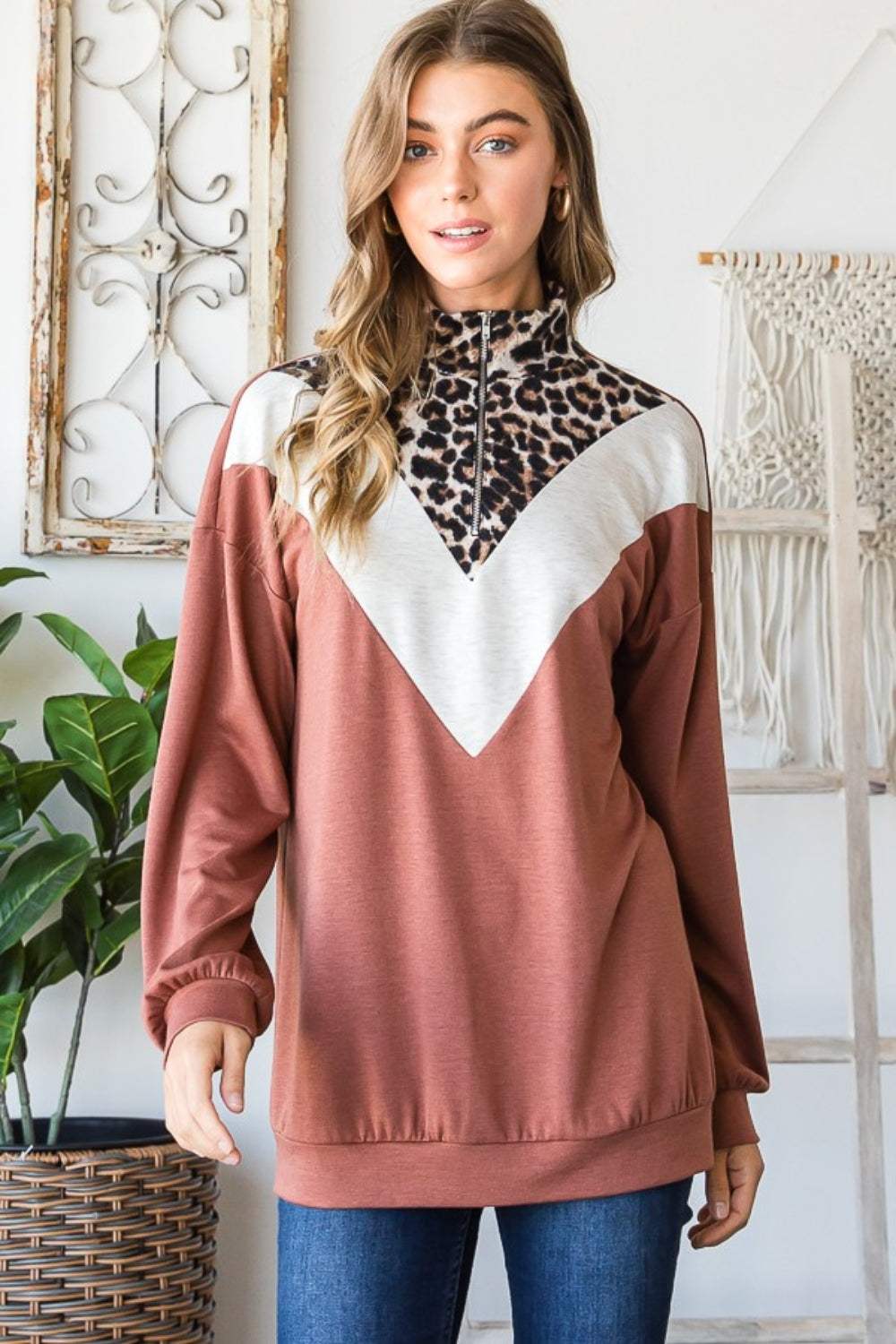 Heimish Full Size Leopard Quarter Zip Mock Neck Sweatshirt - Trendsi - Flyclothing LLC
