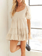 Ruffled Hem Plaid Half Sleeve Mini Dress - Trendsi - Flyclothing LLC