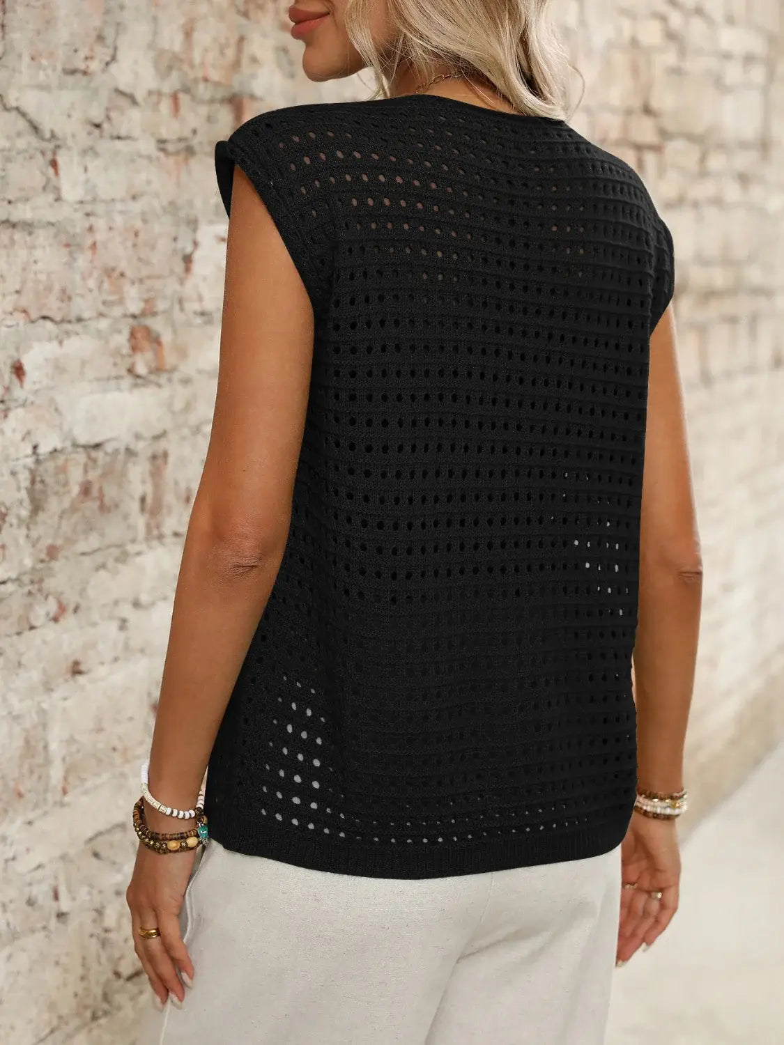 Tied Front Openwork V-Neck Knit Top - Trendsi - Flyclothing LLC