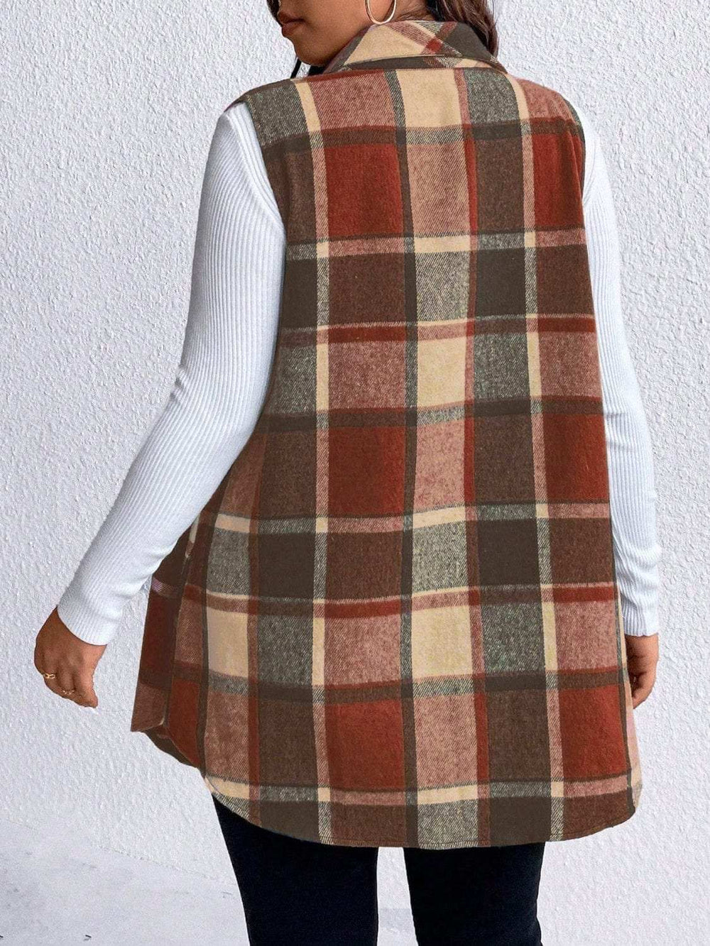 Honey Plus Size Pocketed Plaid Button Up Vest Coat - Trendsi - Flyclothing LLC