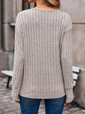 Ribbed V-Neck Long Sleeve T-Shirt - Trendsi