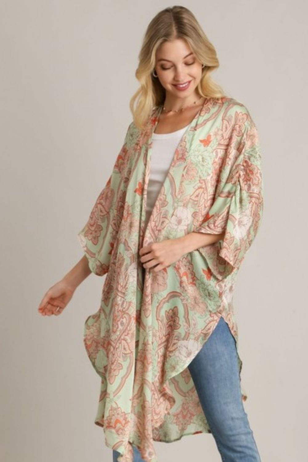 Umgee Full Size Mixed Print Open Front Kimono with Ruffle Sleeves Plus Size - Trendsi