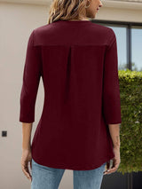 Notched Three-Quarter Sleeve T-Shirt - Trendsi - Flyclothing LLC
