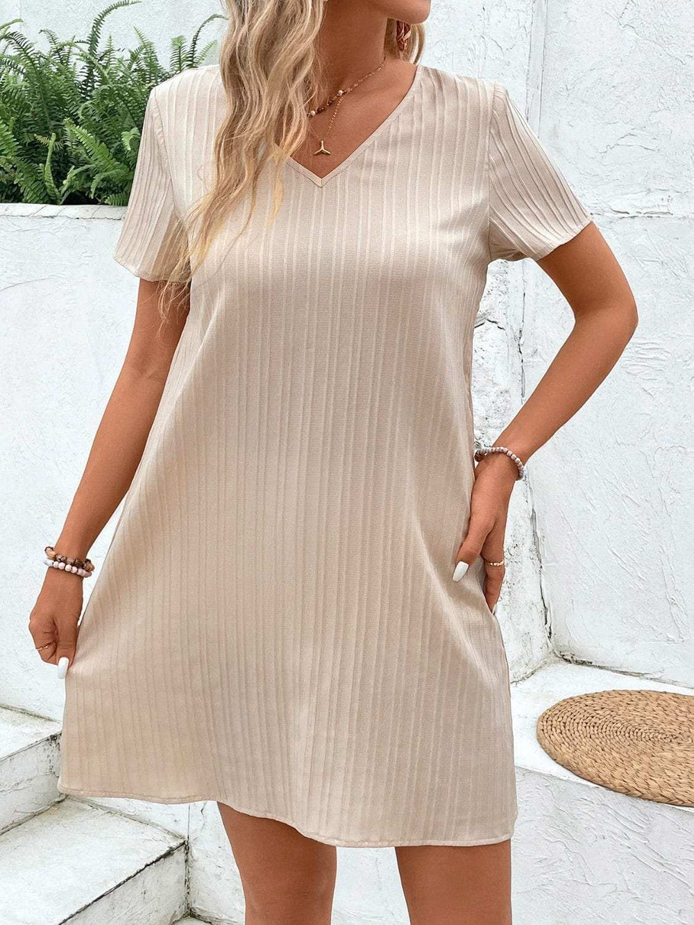 Lace Detail V-Neck Short Sleeve Mini Dress - Trendsi - Flyclothing LLC