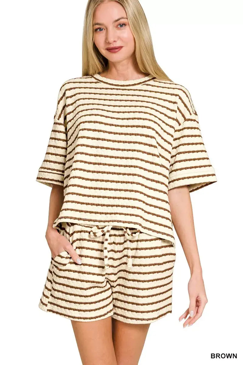 Zenana Striped Short Sleeve Tee & Shorts Set - Trendsi - Flyclothing LLC