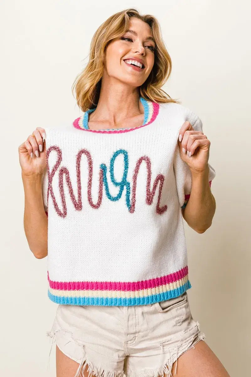 BiBi Metallic Letter Short Puff Sleeve Sweater - Trendsi - Flyclothing LLC