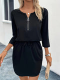 Pocketed Round Neck Three-Quarter Sleeve Dress - Trendsi