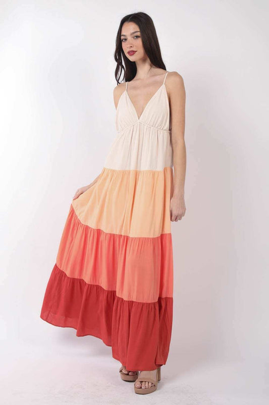 VERY J Color Block Tiered Maxi Cami Dress - Trendsi - Flyclothing LLC