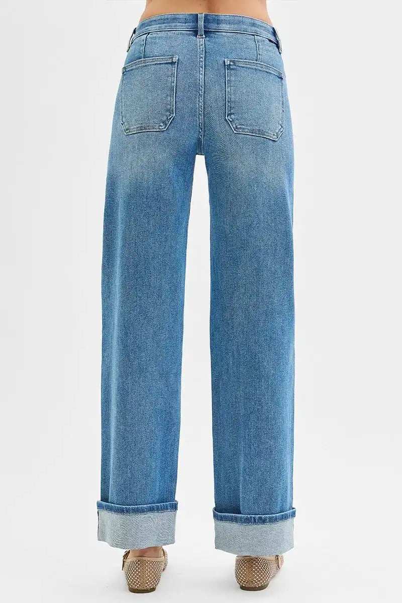 RISEN Full Size Elastic Band Mid Rise Wide Front Patch Pocket Cuff Jeans Plus Size - Trendsi - Flyclothing LLC