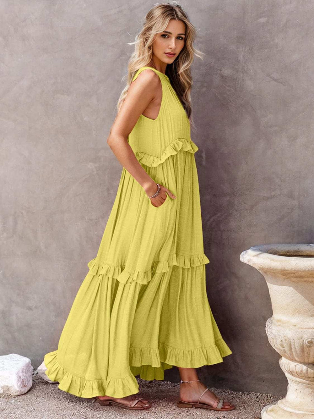 Ruffled Sleeveless Tiered Maxi Dress with Pockets - Trendsi - Flyclothing LLC