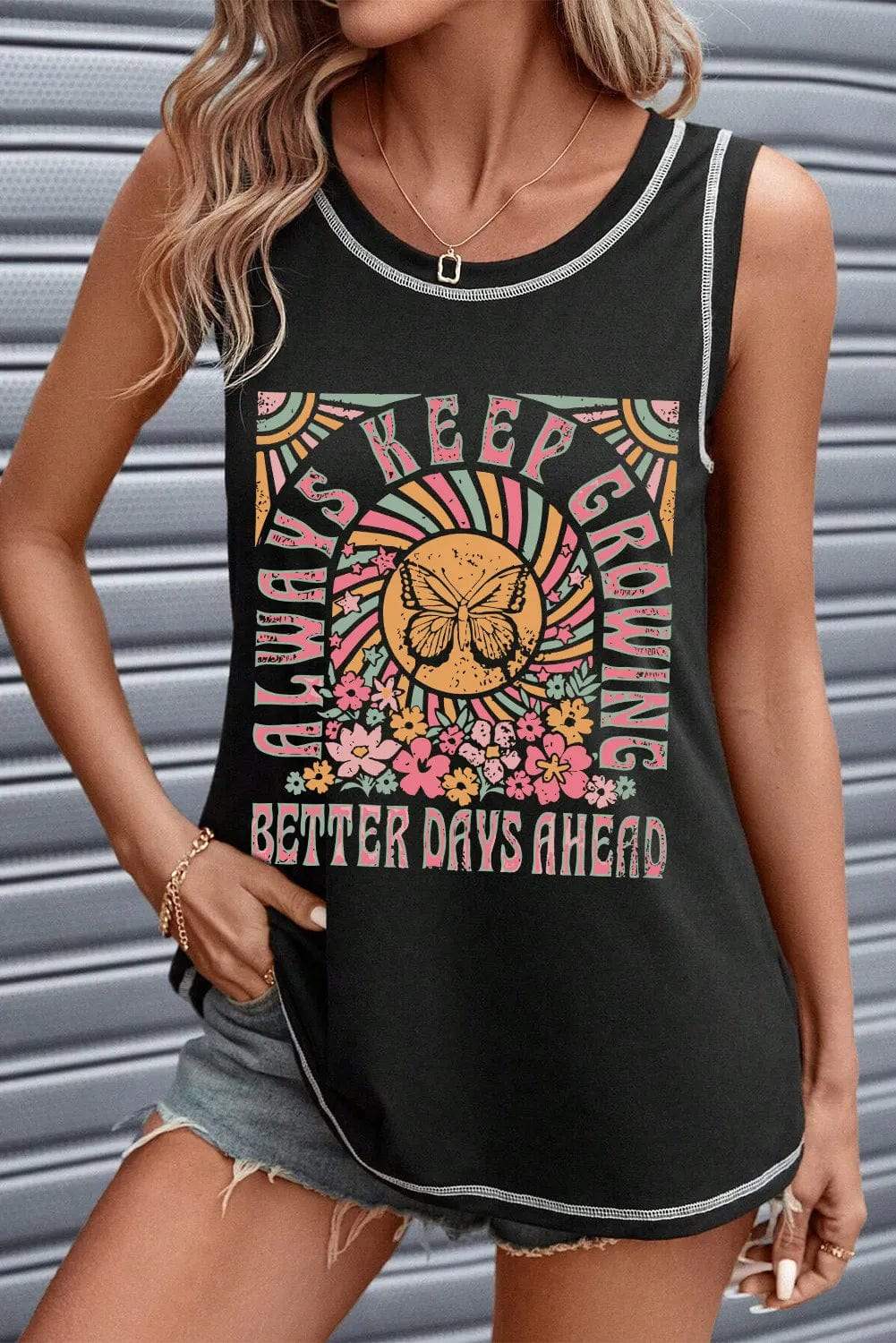 Graphic Round Neck Tank - Trendsi - Flyclothing LLC