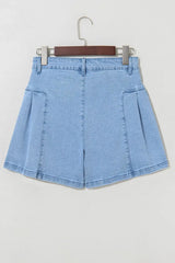 Pleated Patchwork Panel Lightweight Denim Shorts - Trendsi - Flyclothing LLC