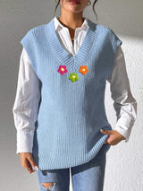 Flower V-Neck Sweater Vest - Trendsi - Flyclothing LLC