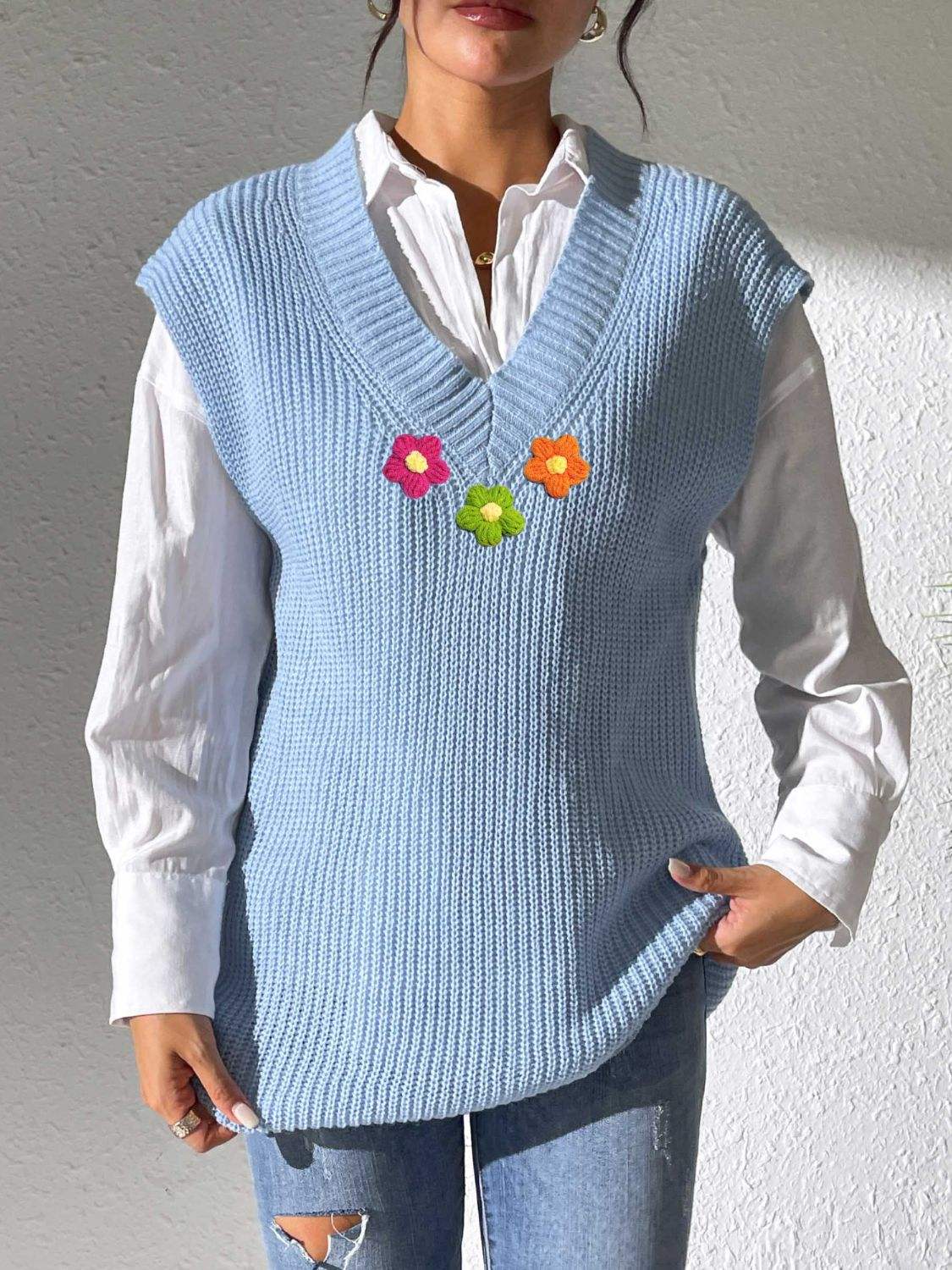 Flower V-Neck Sweater Vest - Trendsi - Flyclothing LLC